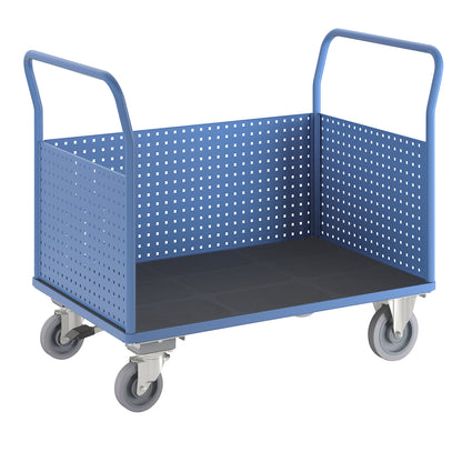Platform truck, with 3 high perforated panels, LxW 1250 x 800 mm, with central stop, solid elastic.