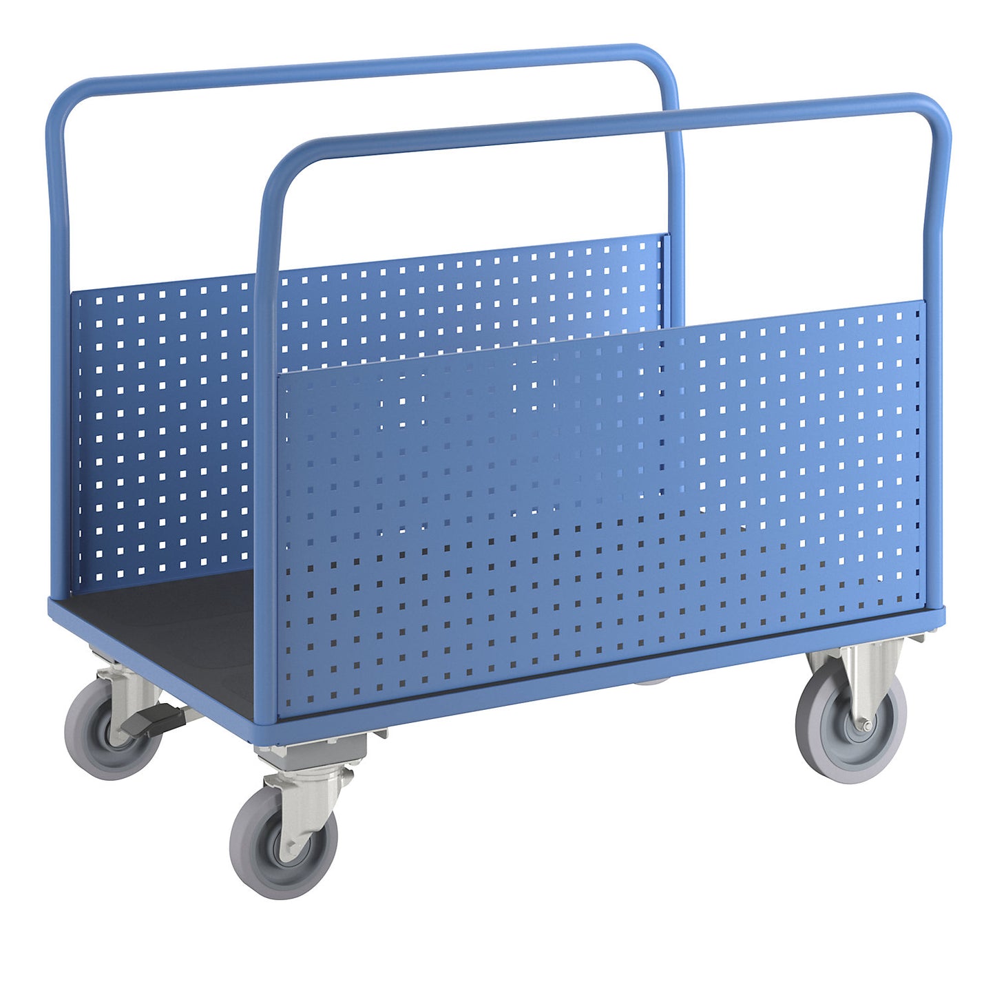 Platform truck, with 2 perforated side panels, LxW 1250 x 800 mm, with central stop, solid elastic.