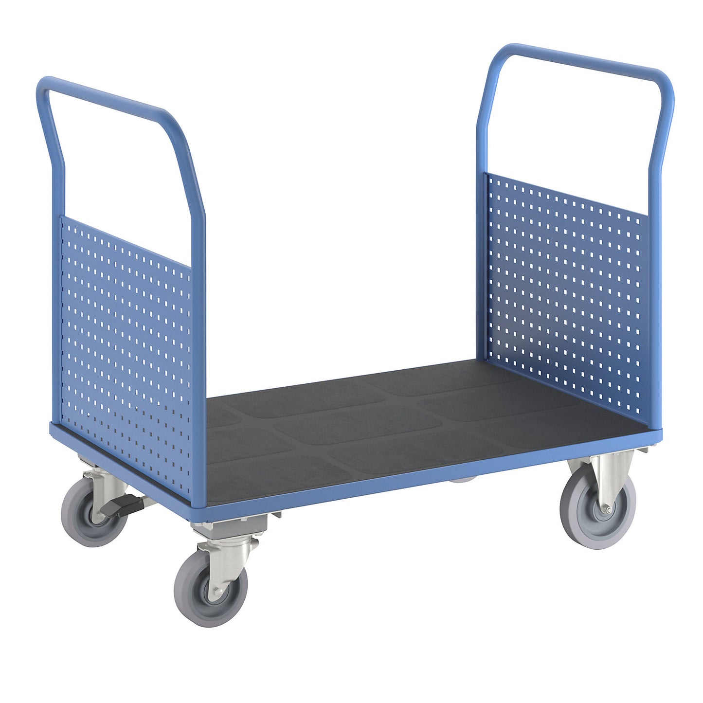 Platform truck, with 2 high perforated panels, LxW 1250 x 800 mm, with central stop, solid elastic.