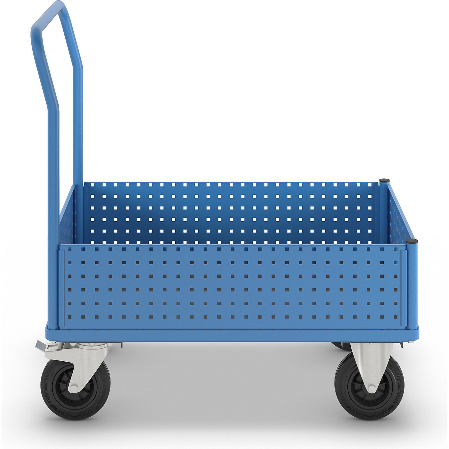Platform truck, with 4 half-height perforated panels, LxW 1050 x 700 mm, solid rubber.