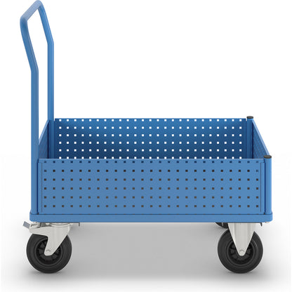 Platform truck, with 4 half-height perforated panels, LxW 1050 x 700 mm, solid rubber.