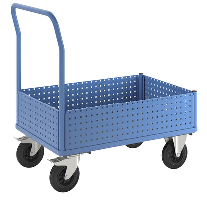 Platform truck, with 4 half-height perforated panels, LxW 1050 x 700 mm, solid rubber.