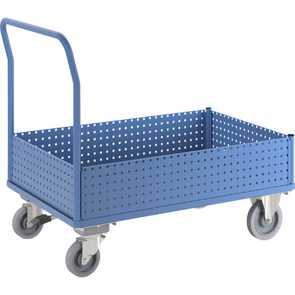 Platform truck, with 4 half-height perforated panels, LxW 1250 x 800 mm, with central stop, solid elastic.