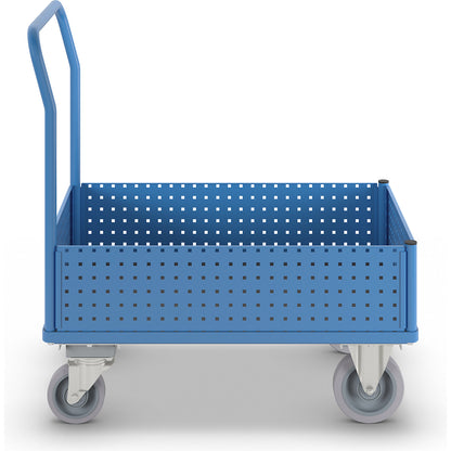Platform truck, with 4 half-height perforated panels, LxW 1050 x 700 mm, with centre stop, solid elastic.