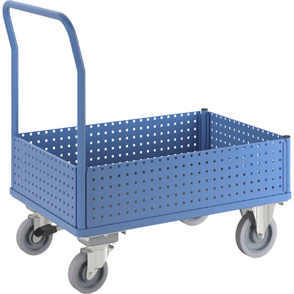 Platform truck, with 4 half-height perforated panels, LxW 1050 x 700 mm, with centre stop, solid elastic.