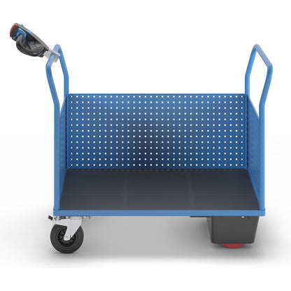 Platform truck with electric drive, with 3 high perforated panels, LxW 1250 x 800 mm.