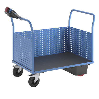 Platform truck with electric drive, with 3 high perforated panels, LxW 1250 x 800 mm.