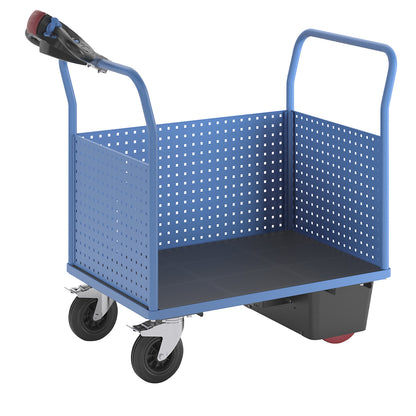Platform truck with electric drive, with 3 high perforated panels, LxW 1050 x 700 mm.