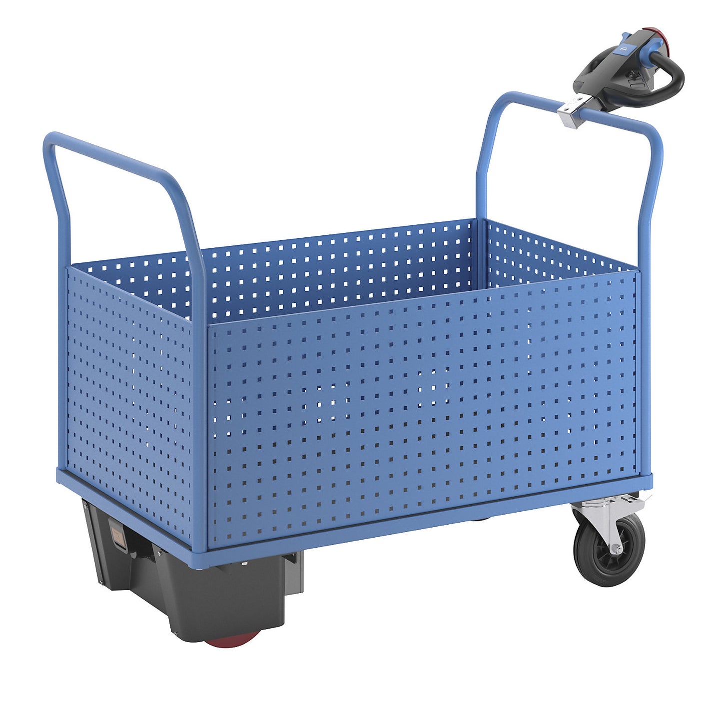 Platform truck with electric drive, with 4 high perforated sheet metal walls, LxW 1250 x 800 mm.