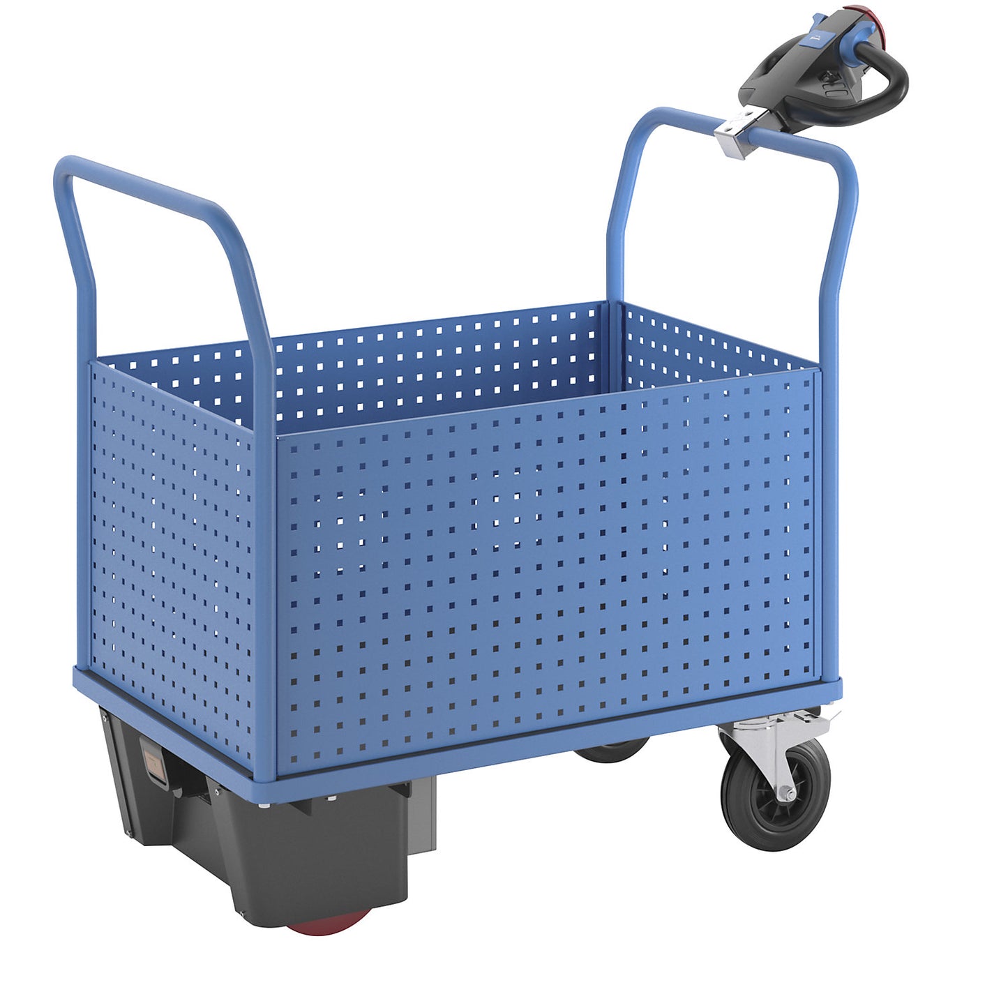 Platform truck with electric drive, with 4 high perforated sheet metal walls, LxW 1050 x 700 mm.