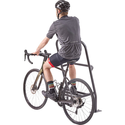 Leaning rail with foot rest, for cyclists and pedestrians, black, zinc-plated.