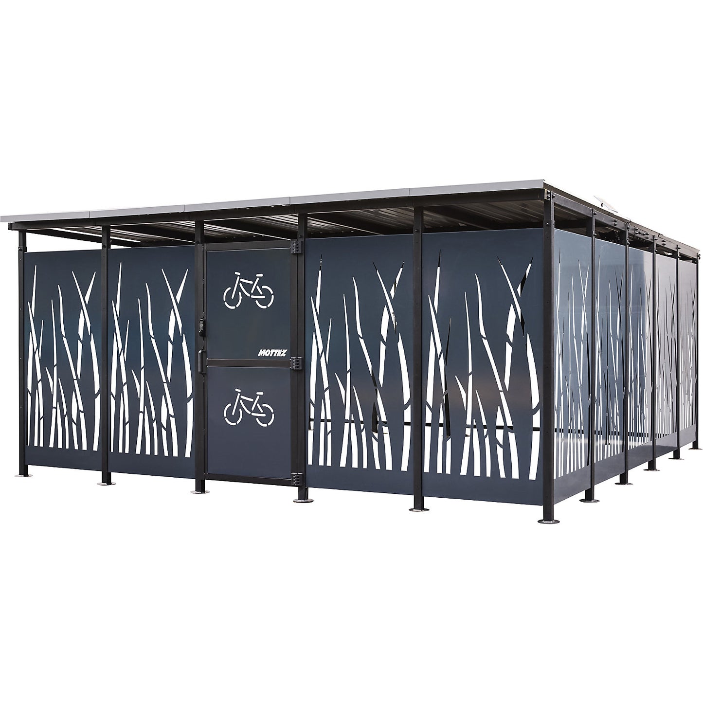 Bicycle shelter, HxW 2360 x 5600 mm, reed, depth 5150 mm, base unit.