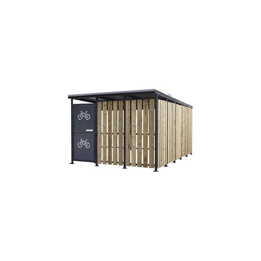 Bicycle shelter, HxW 2360 x 5600 mm, sheet metal/wood, depth 3150 mm, base unit.