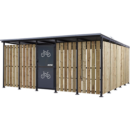 Bicycle shelter, HxW 2360 x 5600 mm, sheet metal/wood, depth 5150 mm, base unit.