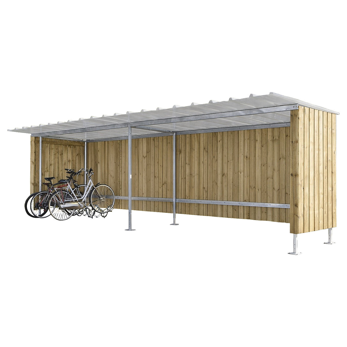 Shelter for bicycles / motorbikes, HxW 2150 x 3990 mm, wood, depth 2250 mm, extension unit.