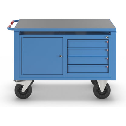 Assembly trolley, electrically height adjustable, 1 cupboard, 4 drawers, LxWxH 1235 x 605 x 820 mm.