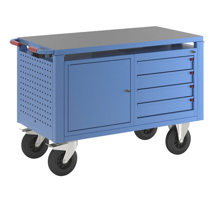 Assembly trolley, electrically height adjustable, 1 cupboard, 4 drawers, LxWxH 1235 x 605 x 820 mm.