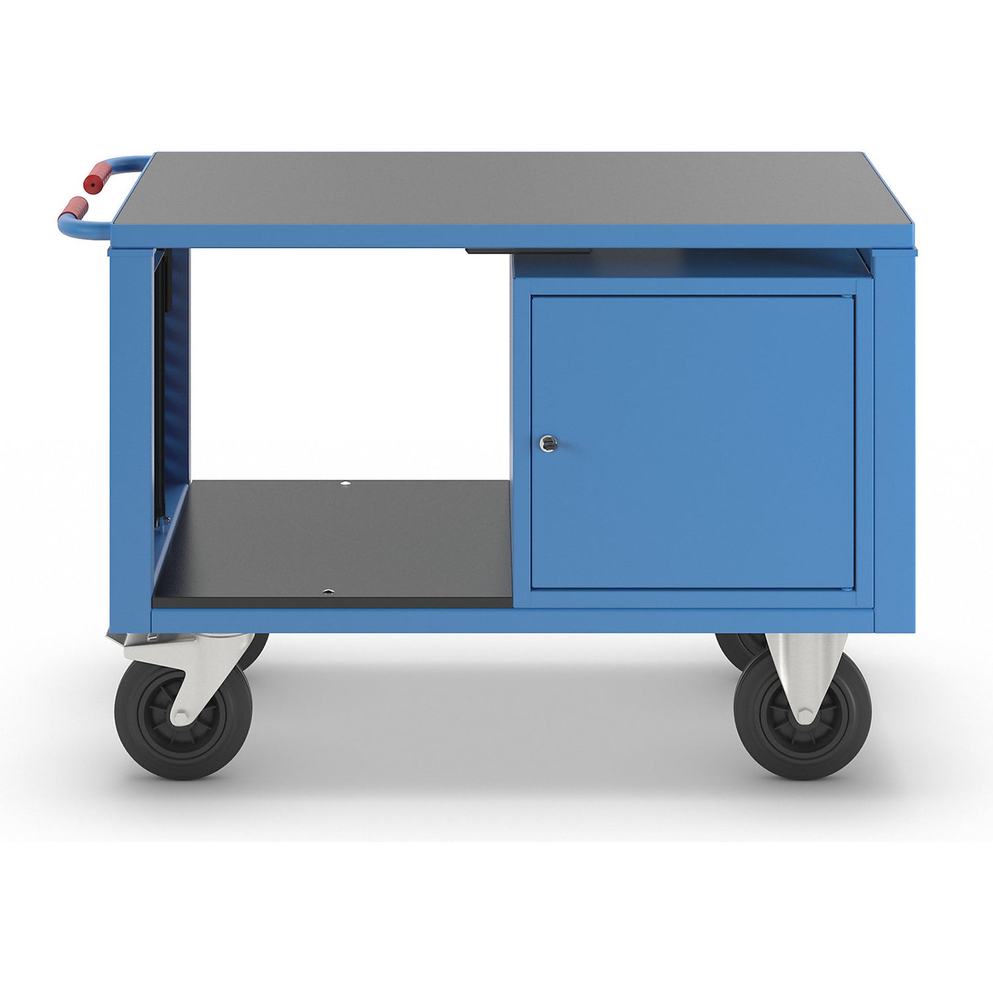 Assembly trolley, electrically height adjustable, 1 cupboard, LxWxH 1235 x 605 x 820 mm.