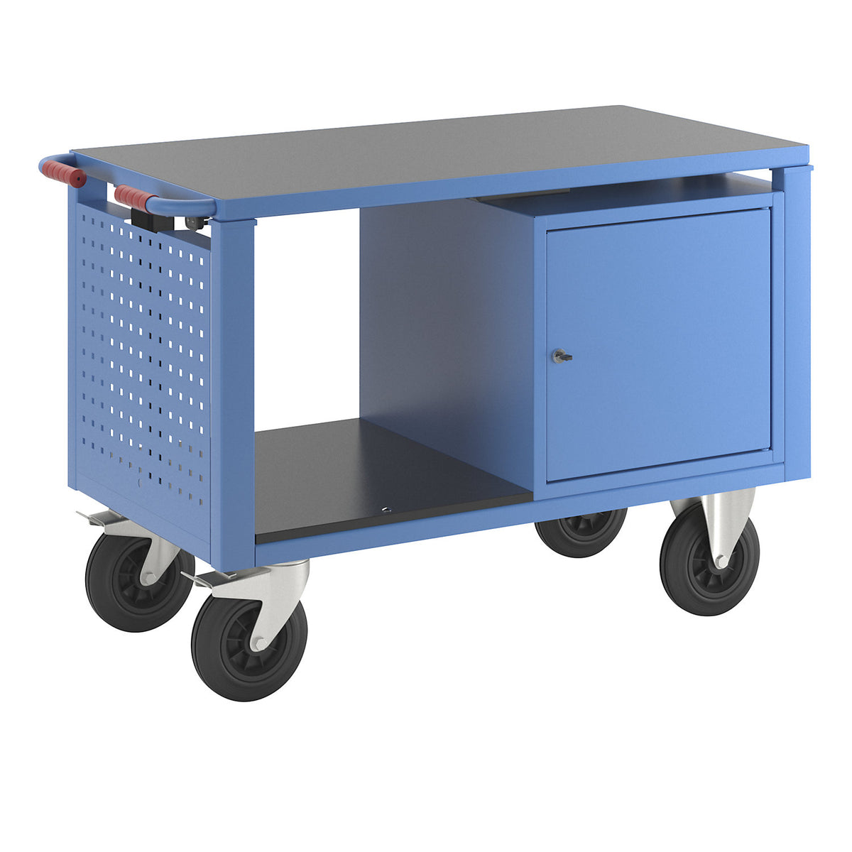 Assembly trolley, electrically height adjustable, 1 cupboard, LxWxH 1235 x 605 x 820 mm.
