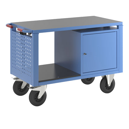 Assembly trolley, electrically height adjustable, 1 cupboard, LxWxH 1235 x 605 x 820 mm.