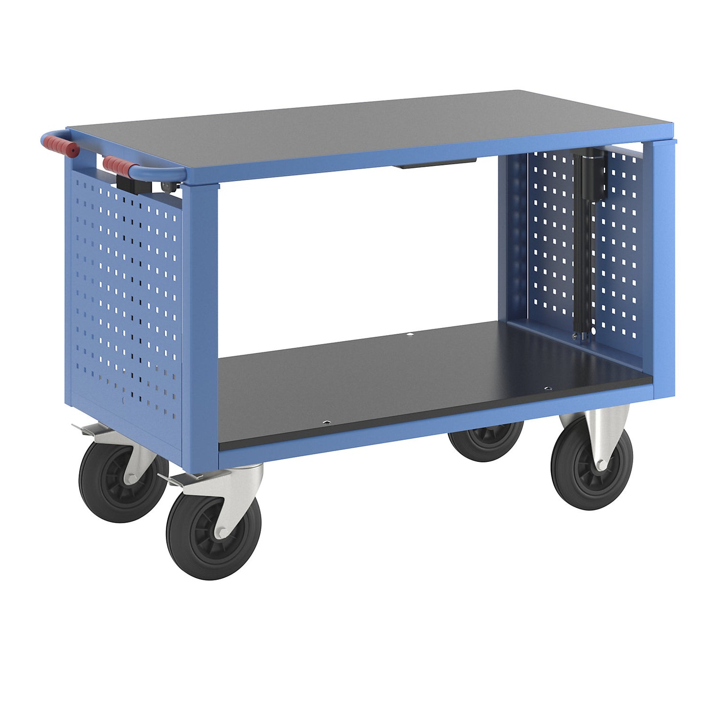 Assembly trolley, electrically height adjustable, 2 shelves, LxWxH 1235 x 605 x 820 mm.