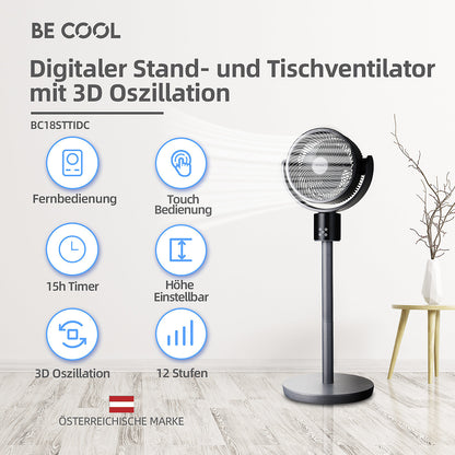 2 in 1 Digital pedestal and desk fan, HxWxD 950 x 330 x 330 mm, grey.
