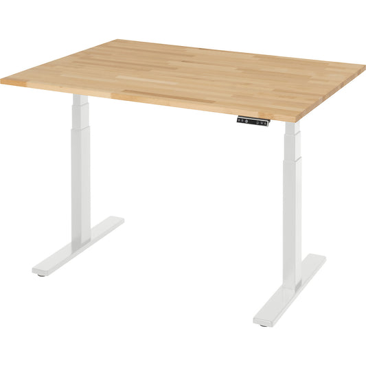 Work desk, electrically height adjustable - load capacity 100 kg, 650 - 1300 mm, WxD 1250 x 900 mm, solid beech.