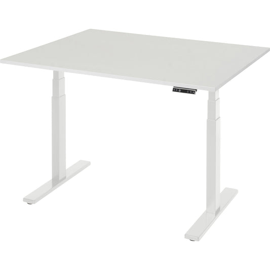 Work desk, electrically height adjustable - load capacity 100 kg, 650 - 1300 mm, WxD 1250 x 900 mm, melamine worktop.