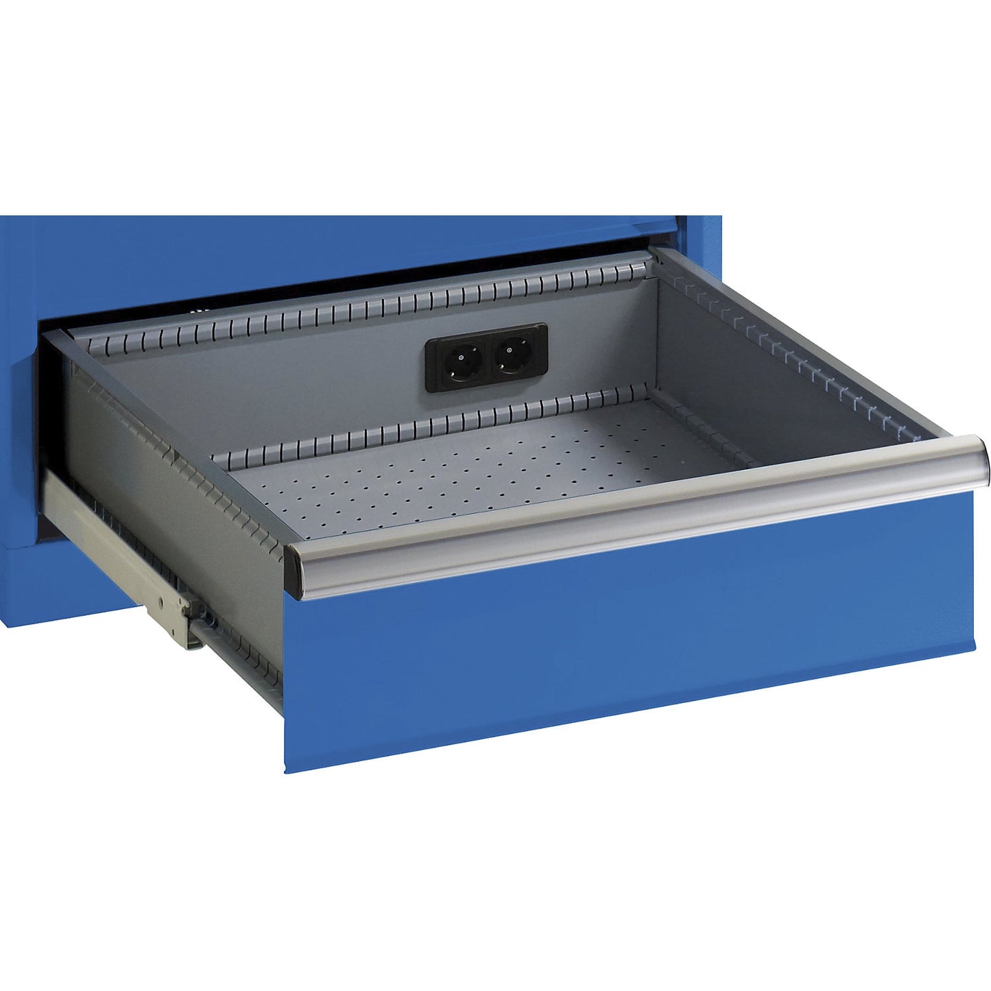 Drawer cupboard, with battery charging function, RFID lock, WxDxH 717 x 725 x 1000 mm, 7 drawers, 4 x 230V, gentian blue.