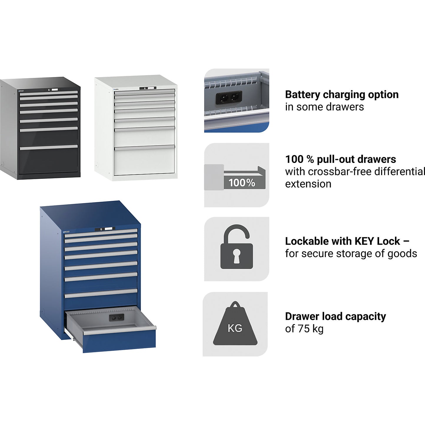 Drawer cupboard, with battery charging function, WxDxH 717 x 725 x 1000 mm, 8 drawers, 2 x 230V, gentian blue.