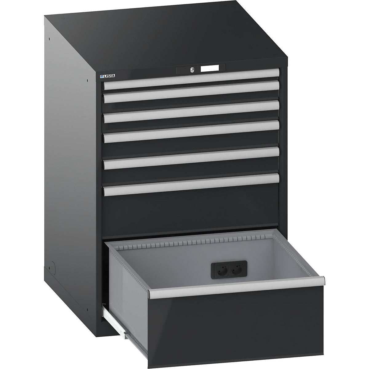 Drawer cupboard, with battery charging function, WxDxH 717 x 725 x 1000 mm, 7 drawers, 4 x 230V, charcoal.