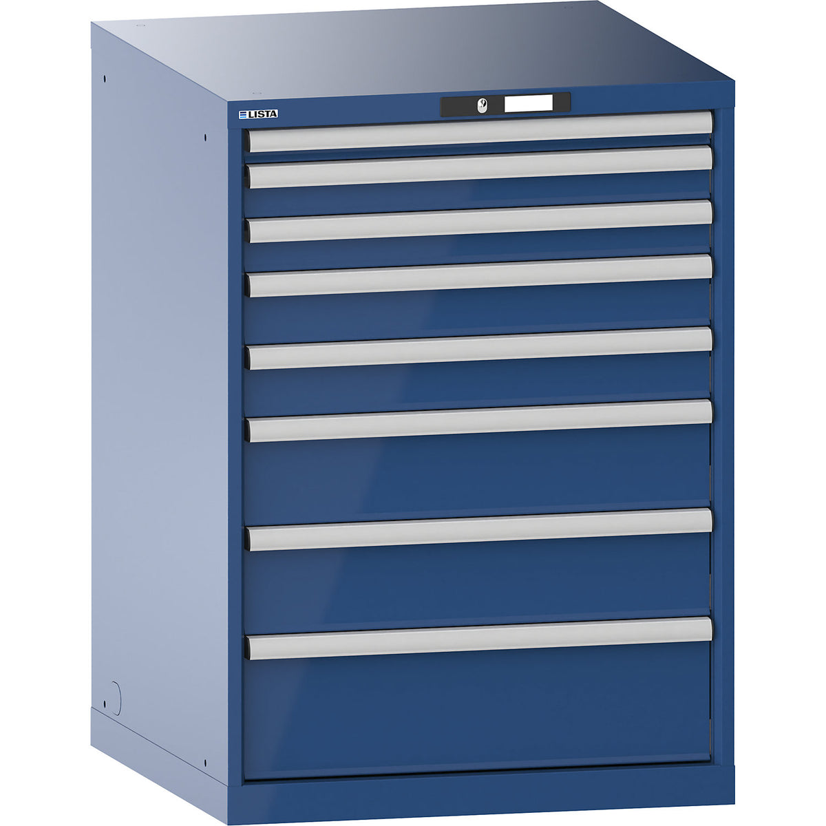 Drawer cupboard, with battery charging function, WxDxH 717 x 725 x 1000 mm, 8 drawers, 2 x 230V, gentian blue.