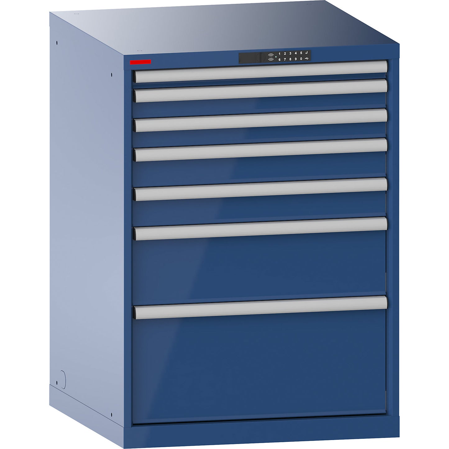 Drawer cupboard, with battery charging function, RFID lock, WxDxH 717 x 725 x 1000 mm, 7 drawers, 4 x 230V, gentian blue.