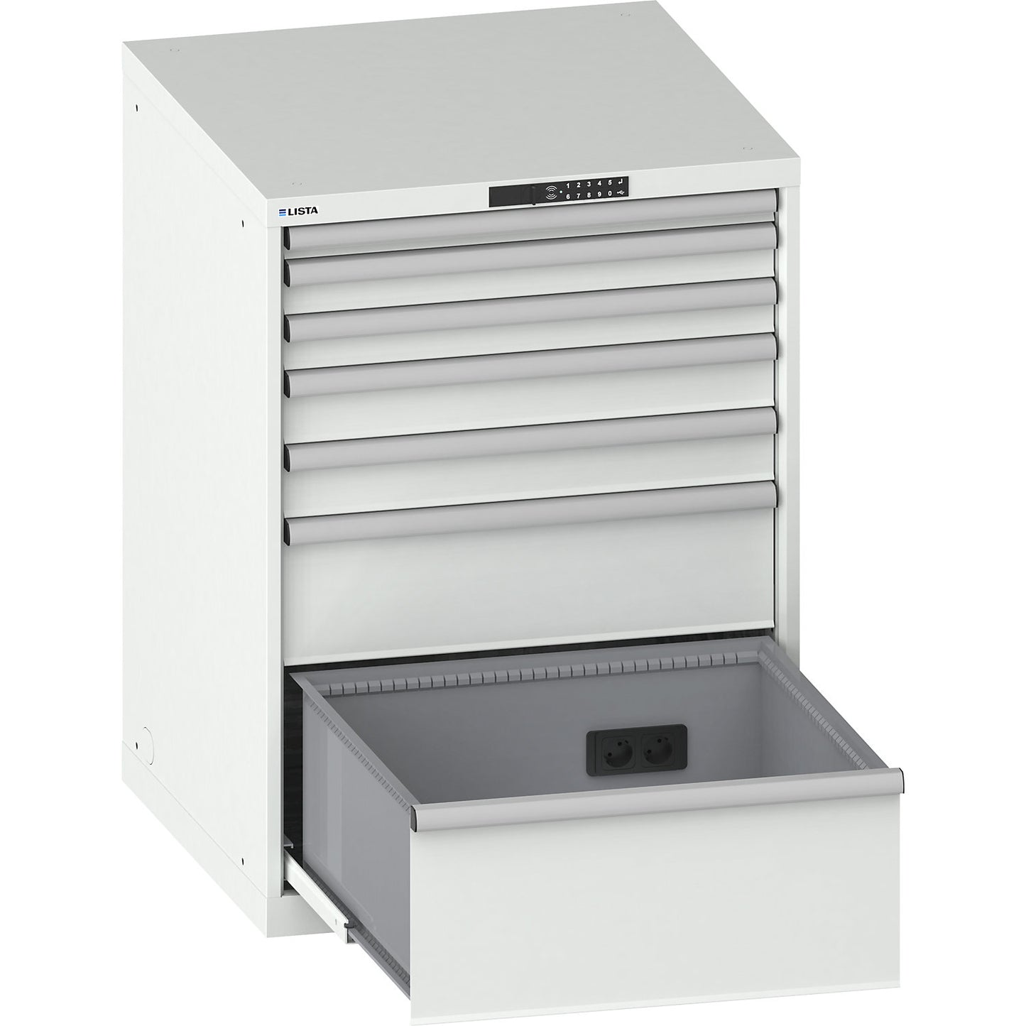 Drawer cupboard, with battery charging function, RFID lock, WxDxH 717 x 725 x 1000 mm, 7 drawers, 4 x 230V, light grey.