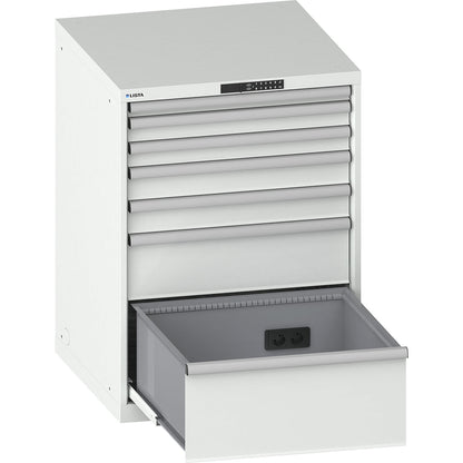 Drawer cupboard, with battery charging function, RFID lock, WxDxH 717 x 725 x 1000 mm, 7 drawers, 4 x 230V, light grey.