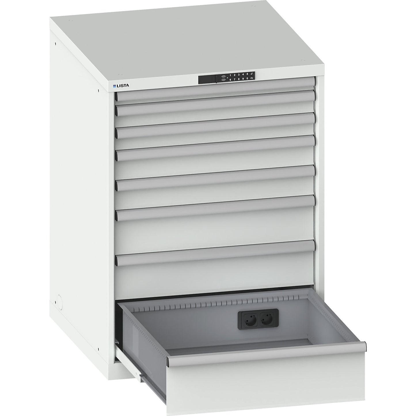 Drawer cupboard, with battery charging function, RFID lock, WxDxH 717 x 725 x 1000 mm, 8 drawers, 2 x 230V, light grey.