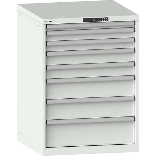 Drawer cupboard, with battery charging function, RFID lock, WxDxH 717 x 725 x 1000 mm, 8 drawers, 2 x 230V, light grey.
