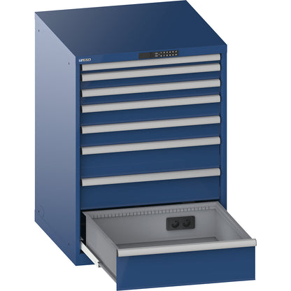 Drawer cupboard, with battery charging function, RFID lock, WxDxH 717 x 725 x 1000 mm, 8 drawers, 2 x 230V, gentian blue.