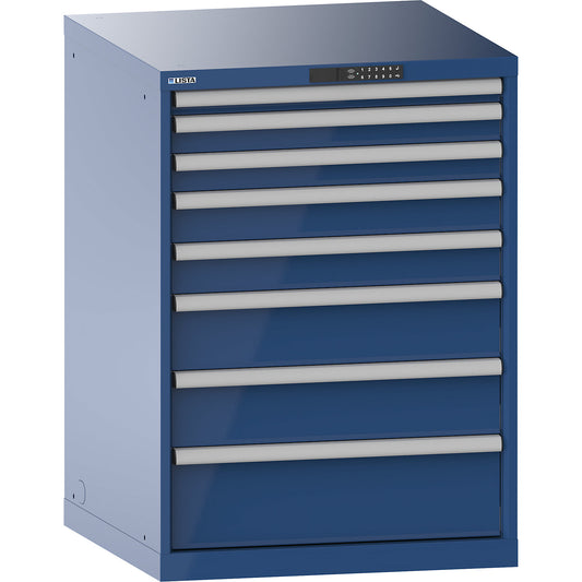 Drawer cupboard, with battery charging function, RFID lock, WxDxH 717 x 725 x 1000 mm, 8 drawers, 2 x 230V, gentian blue.
