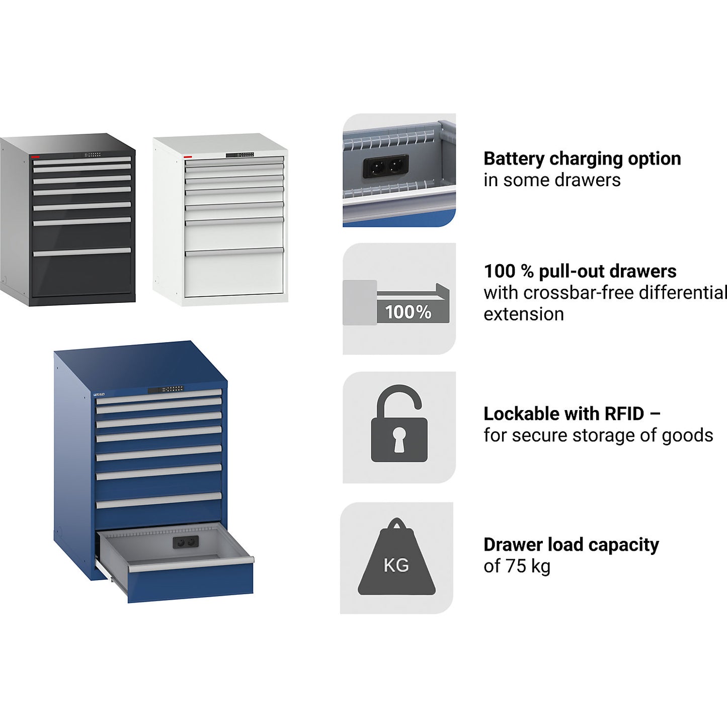 Drawer cupboard, with battery charging function, RFID lock, WxDxH 717 x 725 x 1000 mm, 7 drawers, 4 x 230V, gentian blue.