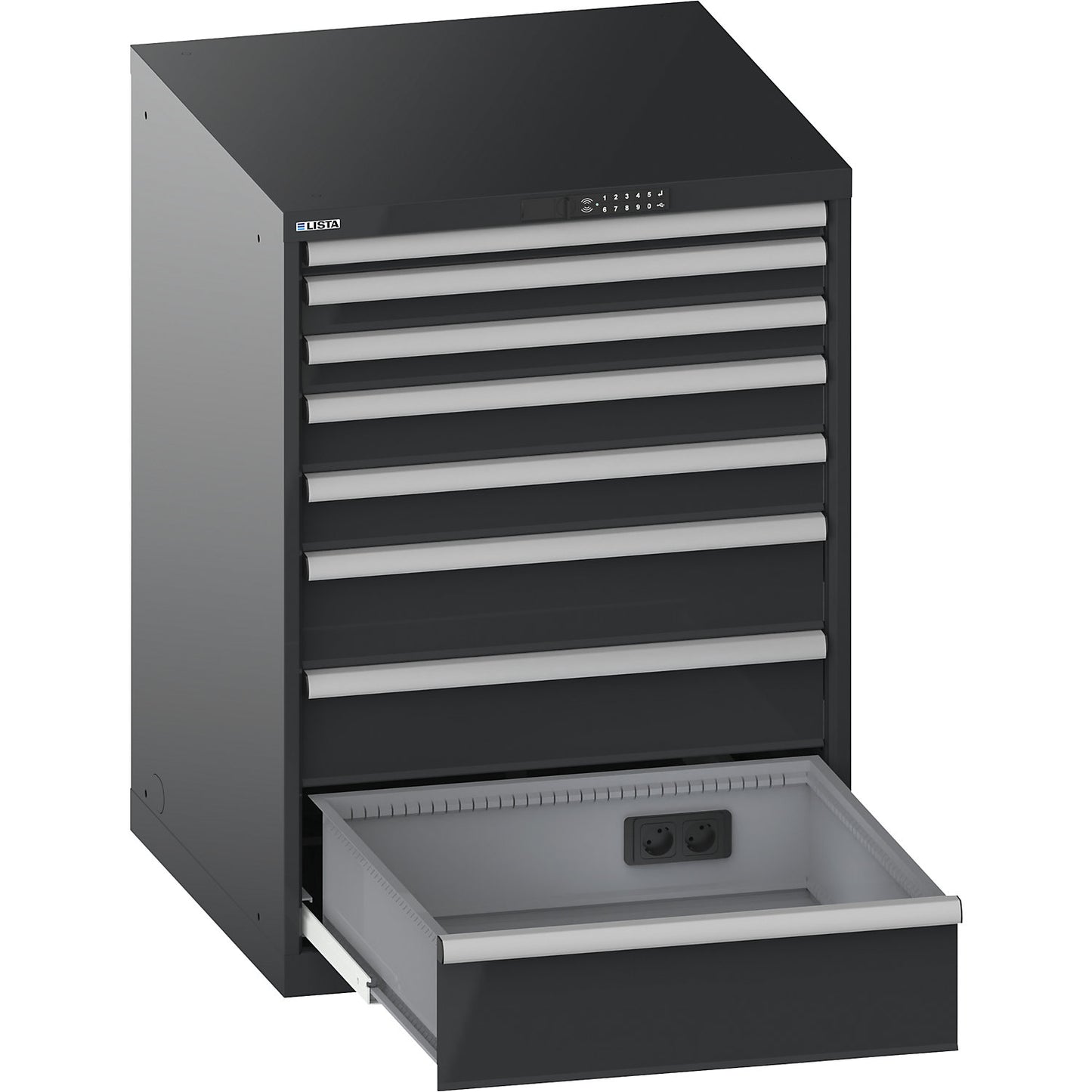 Drawer cupboard, with battery charging function, RFID lock, WxDxH 717 x 725 x 1000 mm, 8 drawers, 2 x 230V, charcoal.