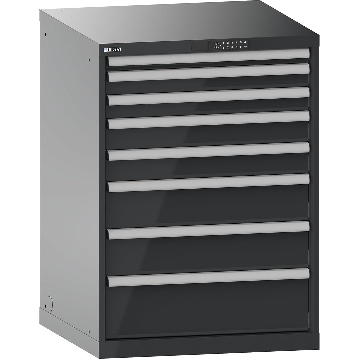Drawer cupboard, with battery charging function, RFID lock, WxDxH 717 x 725 x 1000 mm, 8 drawers, 2 x 230V, charcoal.