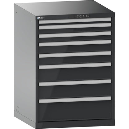 Drawer cupboard, with battery charging function, RFID lock, WxDxH 717 x 725 x 1000 mm, 8 drawers, 2 x 230V, charcoal.