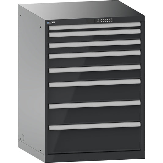 Drawer cupboard, with battery charging function, RFID lock, WxDxH 717 x 725 x 1000 mm, 8 drawers, 2 x 230V, charcoal.