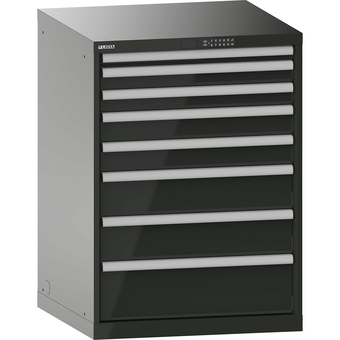 Drawer cupboard, with battery charging function, RFID lock, WxDxH 717 x 725 x 1000 mm, 8 drawers, 2 x 230V, black.