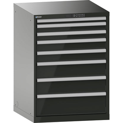 Drawer cupboard, with battery charging function, RFID lock, WxDxH 717 x 725 x 1000 mm, 8 drawers, 2 x 230V, black.