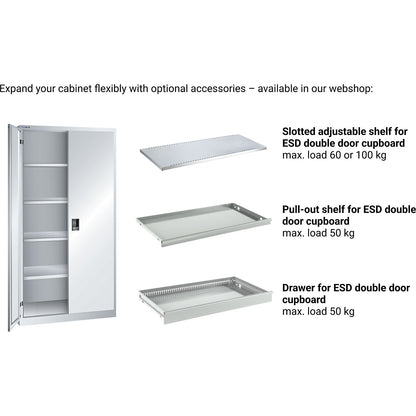 ESD double door cupboard, h 1950 mm, 4 shelves, WxD 1000 x 580 mm, charcoal.