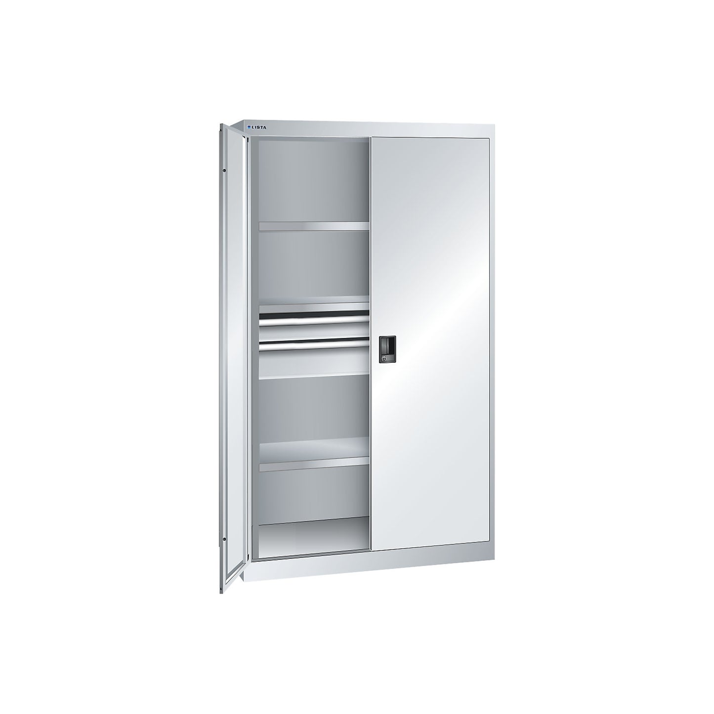 ESD heavy-duty cupboard, h 1950 mm, 3 shelves, 2 drawers, WxD 1100 x 641 mm, light grey.