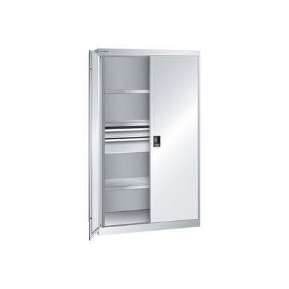 ESD heavy-duty cupboard, h 1950 mm, 3 shelves, 2 drawers, WxD 1100 x 641 mm, light grey.