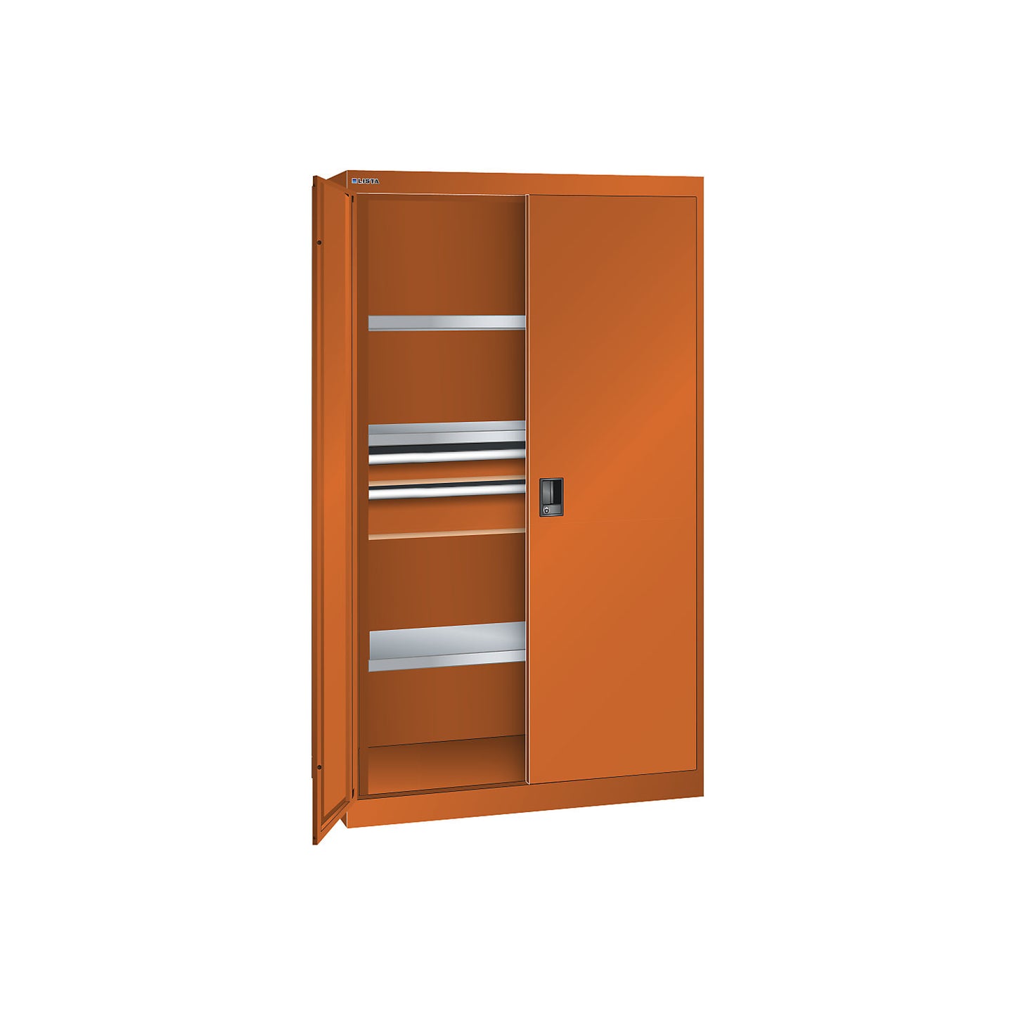 ESD heavy-duty cupboard, h 1950 mm, 3 shelves, 2 drawers, WxD 1100 x 641 mm, orange.